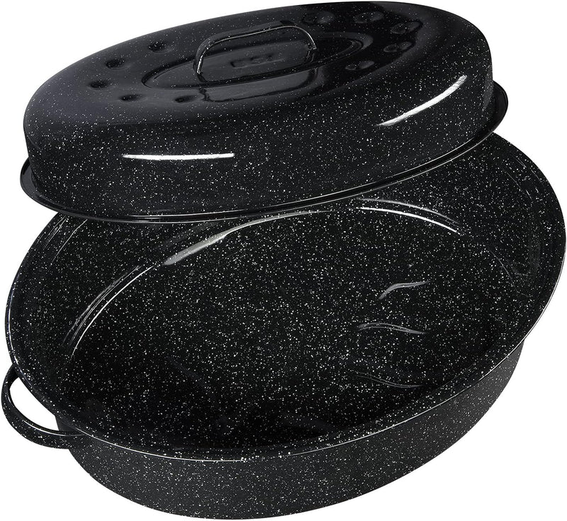 19 Granite Ware Roaster with Lid - Enamelware Speckled Black Dishwasher Safe