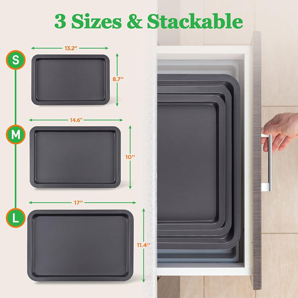 Nonstick Cookie Sheet Pans - 3-Pc Professional Quality Baking Trays with Black Coating