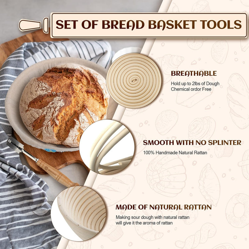 2-Piece Banneton Proofing Basket Set for Bread Making with Accessories - Gifts for Bakers