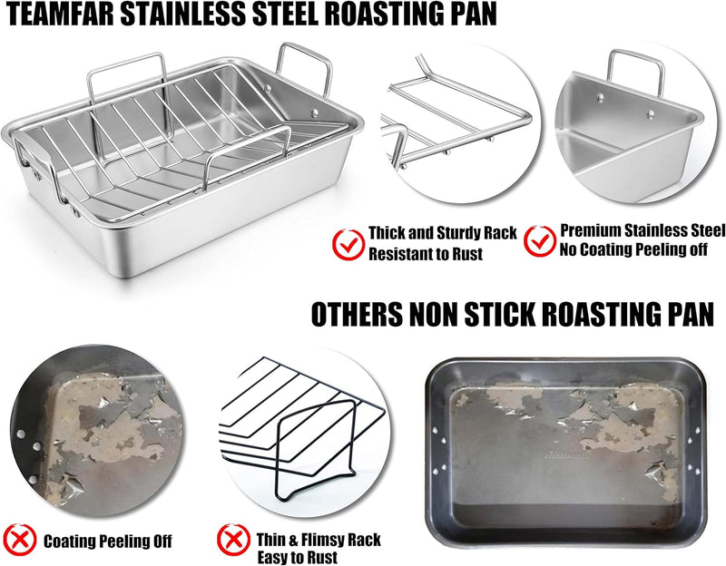 TeamFar Roasting Pan - Stainless Steel Turkey Roaster with V-Rack Cooling Rack Beer Can Chicken Holder Meat Claws and Silicone Brush