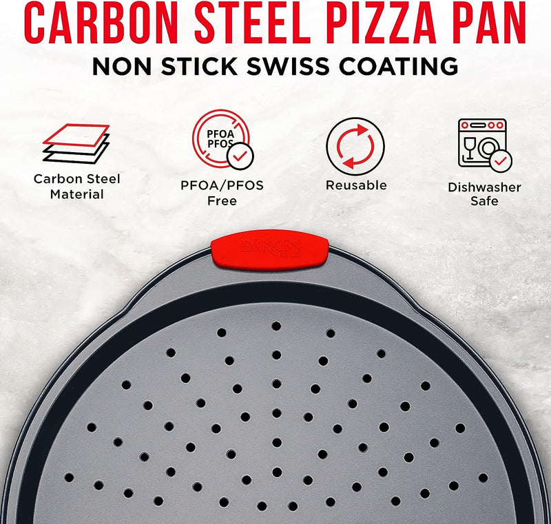 Bakken Pizza Tray - Round Carbon Steel with Non-Stick Coating and Silicone Handles