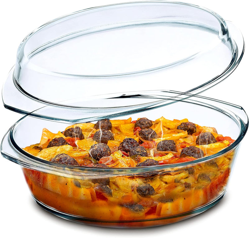 Simax Glass Round Casserole Dish with Lid and Handles - 35 Quart Microwave and Oven Safe