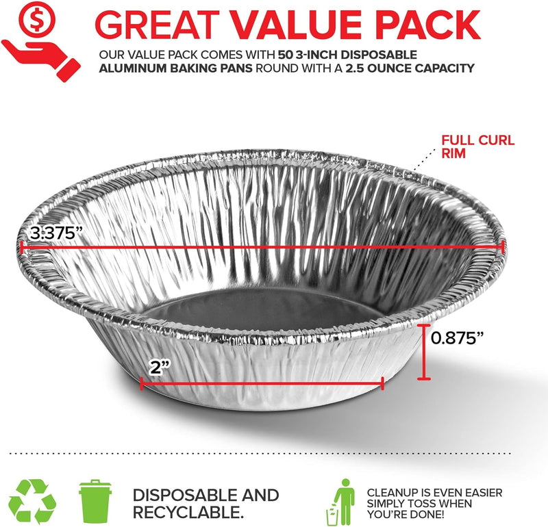 50 Count Disposable Mini Foil Pie Pans for Baking - Recyclable and Durable