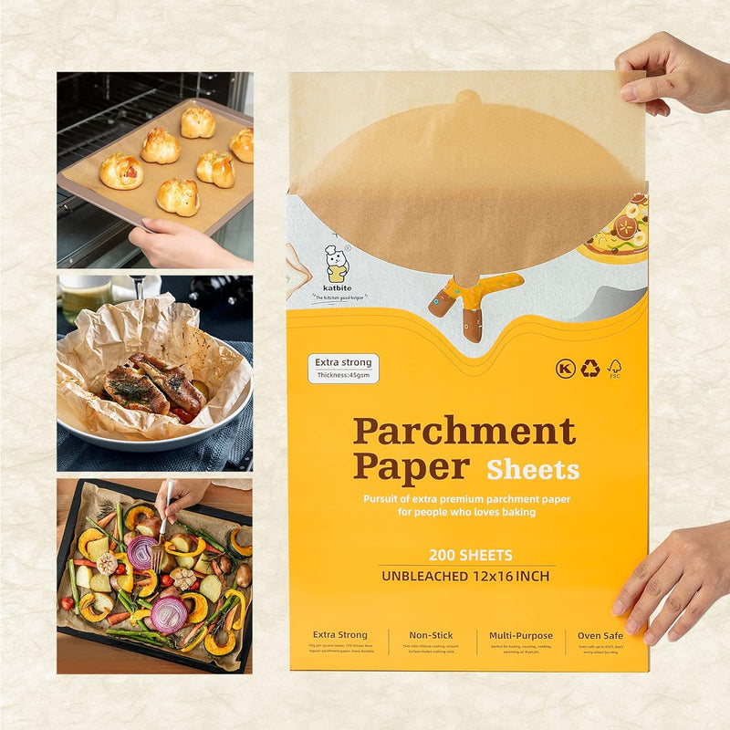 Katbite 200Pcs 12x16 In Unbleached Parchment Paper for Baking - Heavy Duty Precut Sheets for Oven Air Fryer Cookies