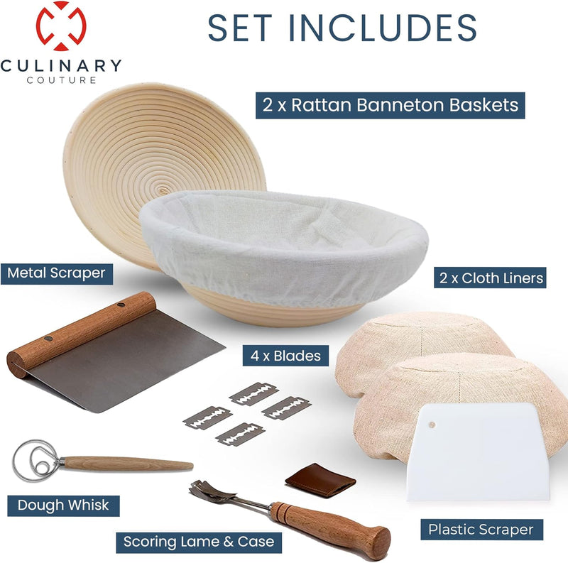 Sourdough Proofing Basket Set with Scraper Lame Whisk and Blades - Complete Starter Kit