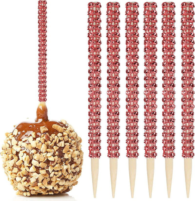 Bling Candy Apple Bamboo Sticks - 32 PCS Wooden Skewers with Rhinestone Diamond Mesh Wrap for Fruit Treats and Dessert Table Silver