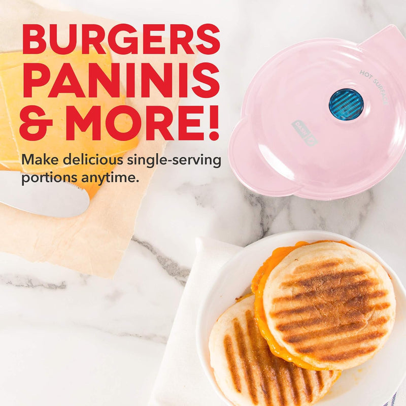 Dash Mini Grill  Panini Press - Portable Gourmet Burgers Sandwiches Chicken - Pink with Recipe Guide