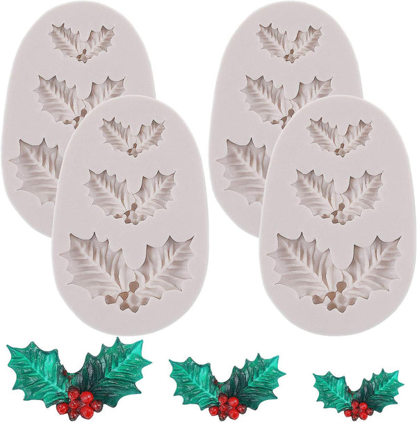 Christmas Holly Leaves Silicone Mold - 4 Piece Set for Baking and Decorating