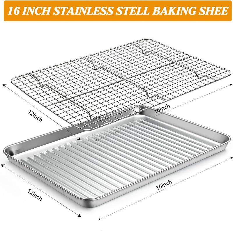 Stainless Steel Baking Sheet with Rack Set - Non Toxic  Heavy Duty - 16 x 12 x 1 Inch