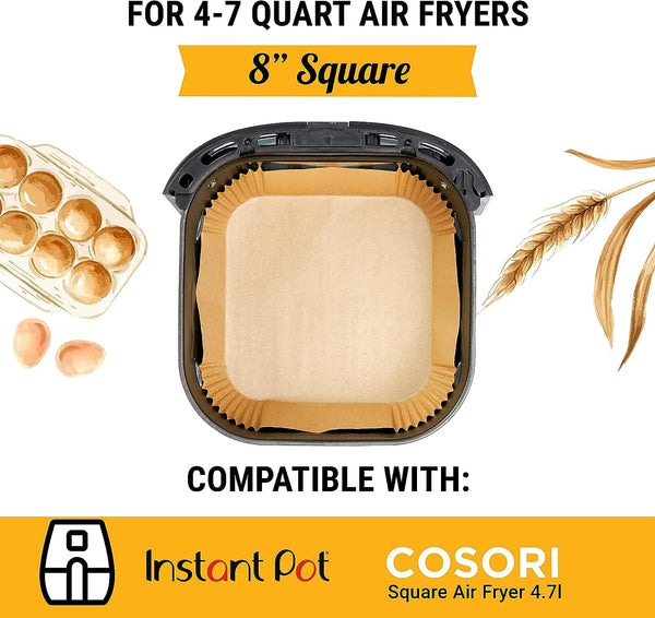 Disposable Air Fryer Liners - 120Pcs Non-Stick Parchment Paper - 8 Square for 5-8 qt Baskets by Bakers Signature