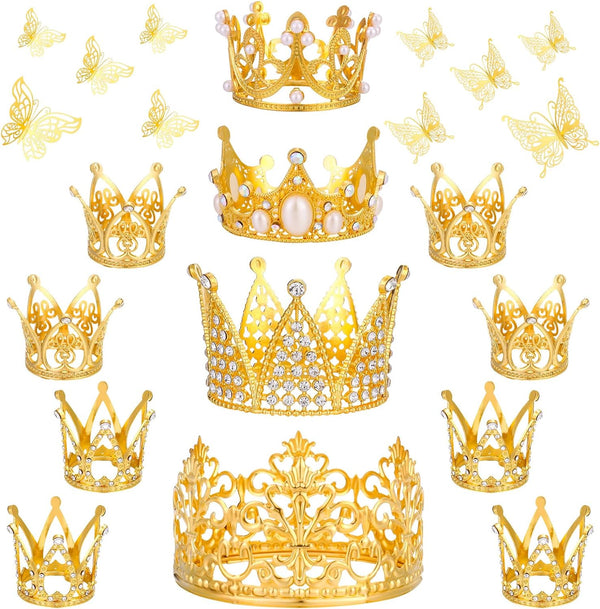 Gold Crown and Butterfly Decorations for Weddings and Parties - Set of 12 Mini Tiara Cake Toppers and 24 Gold Butterfly Decorations