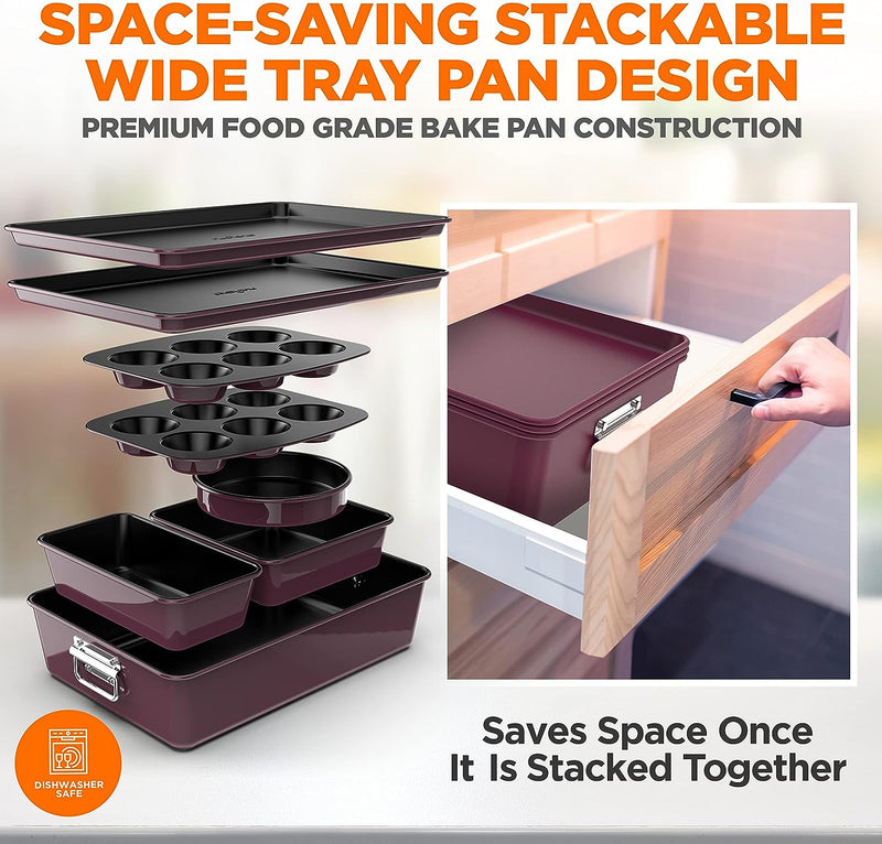 8-Piece Nonstick Stackable Bakeware Set with Oven-Safe Coating - PFOAPFOSPTFE Free