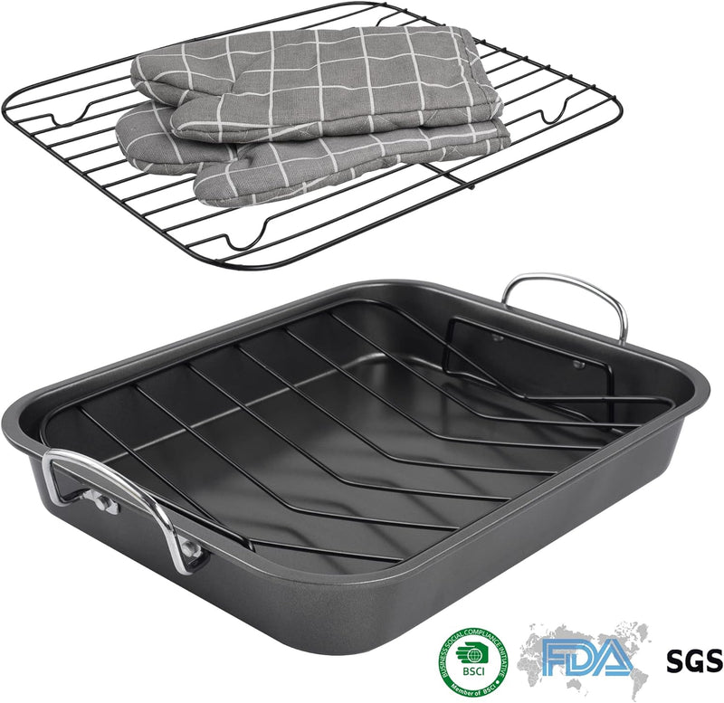 Nonstick Roasting Pan with Rack 16 x 115 Rectangular Gray - for Turkey Chicken Meat Veggies