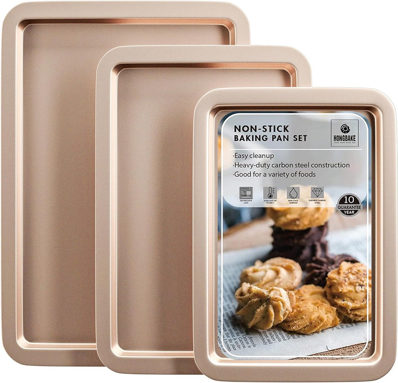 HONGBAKE Baking Sheet Pan Set - Nonstick Bakeware with Wider Grips 3 Pack Dishwasher Safe