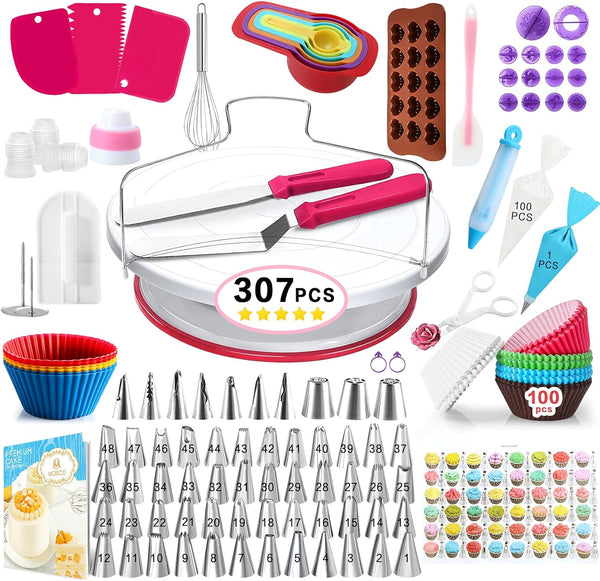 Cake Decorating Supplies Kit - 307 Pcs with Turntable Stand 48 Numbered Icing Tips Patterns and E-Book