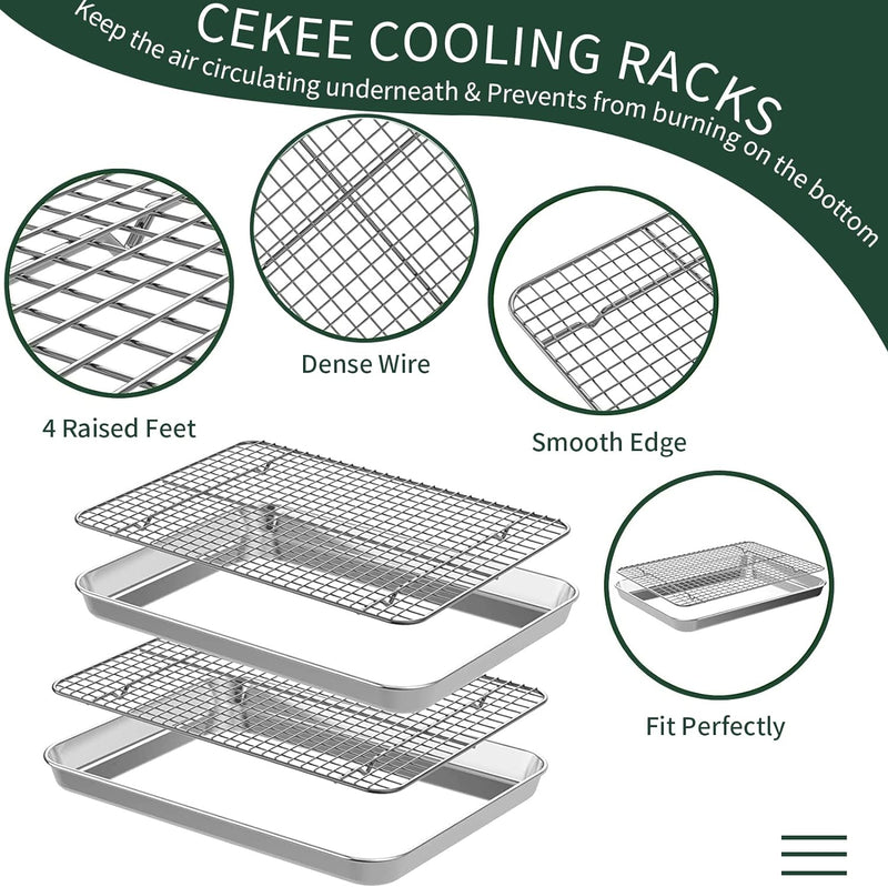 Quarter Sheet Pan with Cooling Rack Set - 2 Baking Sheets  2 Baking Racks - CEKEE Stainless Steel - Rust  Warp Resistant - Nonstick - 12 x 98 x 1 Inch