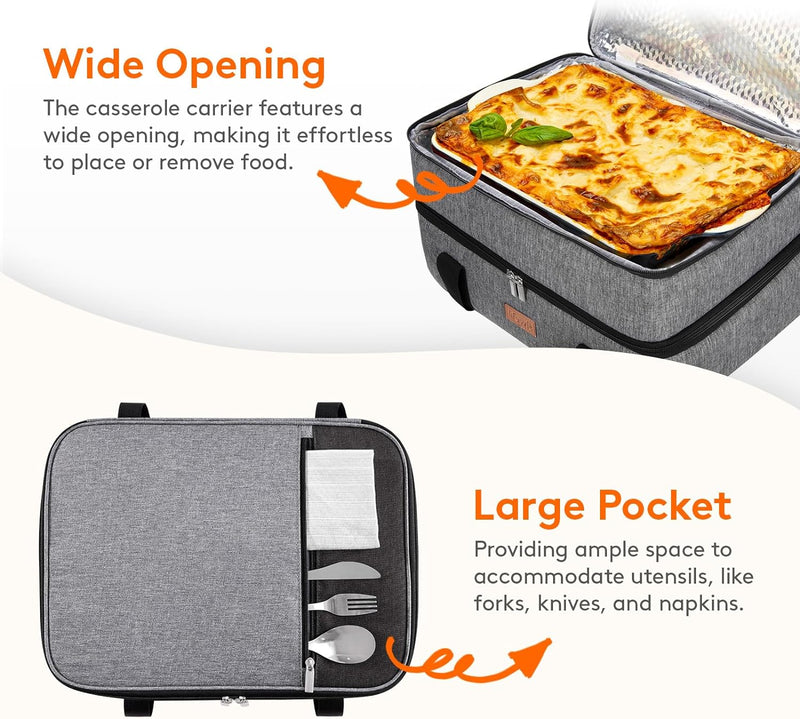 Lifewit Insulated Casserole Carrier with Lid and Carrying Case Fits 9x13 Baking Dish Grey