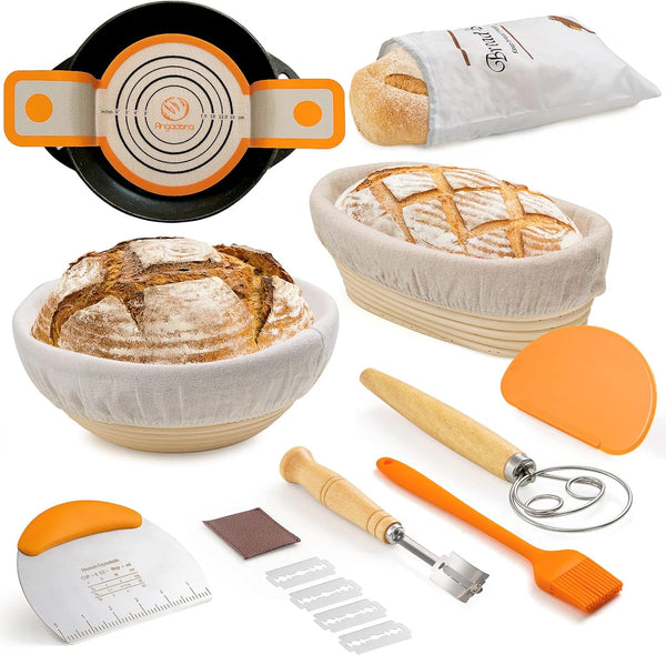 10 Inch Banneton Basket Set with Liner Bread Sling and Whisk - Bread Baking Supplies