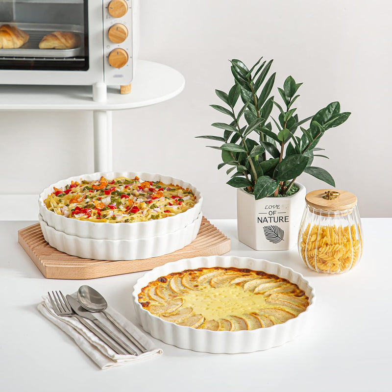 LOVECASA 10 Inch Porcelain Quiche Baking Dish - Non-Stick Tart Pan with Ruffled Edge MicrowaveDishwasherOven Safe White