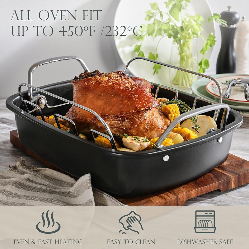 Nonstick Turkey Roasting Pan with Rack - Large 17 x 14 inch - for Oven - Heavy Duty Construction - Suitable for 24lb Turkey - Gray