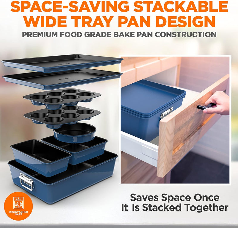 8-Piece Nonstick Stackable Bakeware Set with Oven-Safe Coating - PFOAPFOSPTFE Free