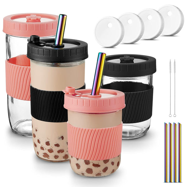 Mfacoy (4 Pack x 2 Size Reusable Boba Cup, 24oz & 16oz Bubble Tea & Smoothie Cups with Lids and Stainless Straws, Wide Mouth Mason Jar Drinking Glasses with Silicone Sleeve for Travel
