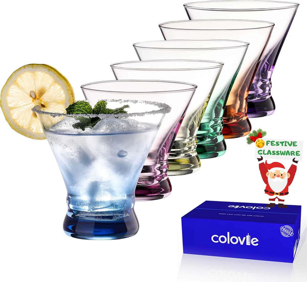 ColoVie 8oz Martini Glasses Set of 6, 100% Lead-Free Stemless Martini Glasses, Colored Cocktail Glasses, Margarita Glasses, Bar Glass, Liquor Drinking Glasses, Christmas, Housewarming Gift, Manhattan