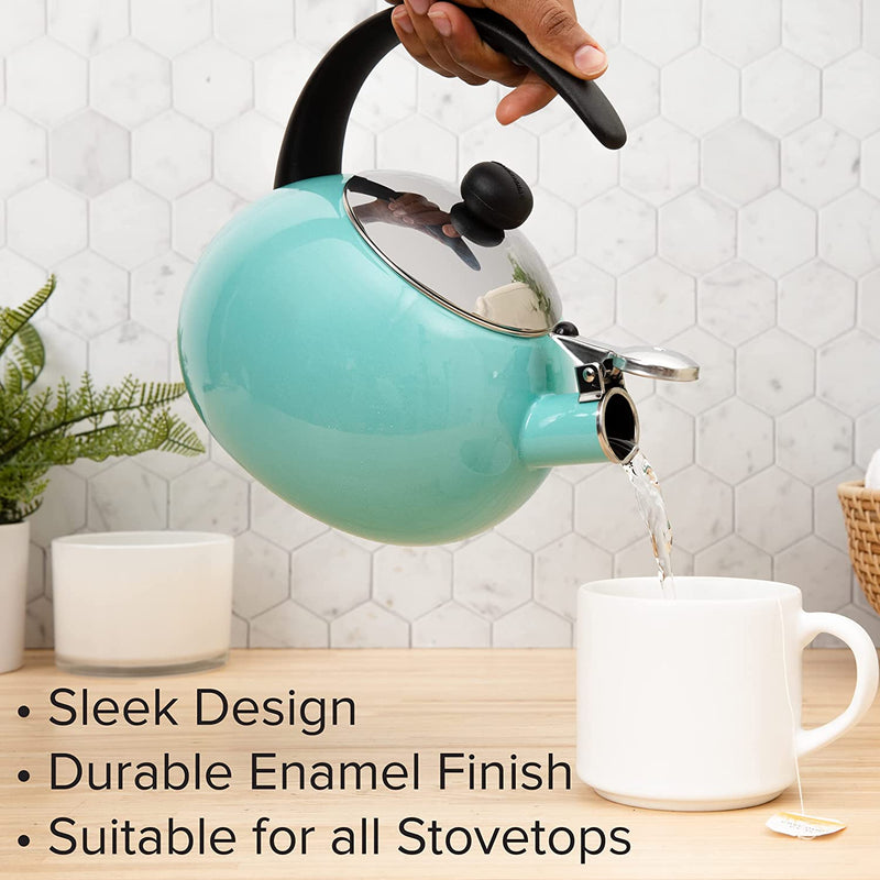 Farberware Luna Water Kettle, Whistling Tea Pot, Works For All Stovetops, Porcelain Enamel on Carbon Steel, BPA-Free, Rust-Proof, Stay Cool Handle, 2.5qt (10 Cups) Capacity (Aqua)