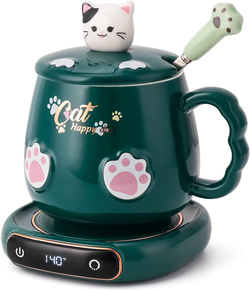 Bgbg Coffee Mug Warmer & Cute Cat Mug Set, Beverage Cup Warmer for Desk Home Office with Three Temperature Up to 140℉/ 60℃, Coffee Warmer for Cocoa Milk Tea Water Candle, 8 Hours Auto Shut Off