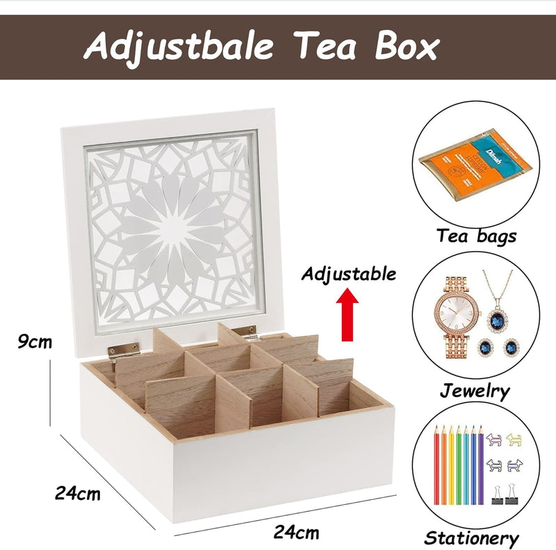 handrong Tea Box Tea Bag Organizer Wooden Tea Bag Holder Modern Tea Chest with 9 Compartments and Glass Cover for Home Tea Parties and Gift