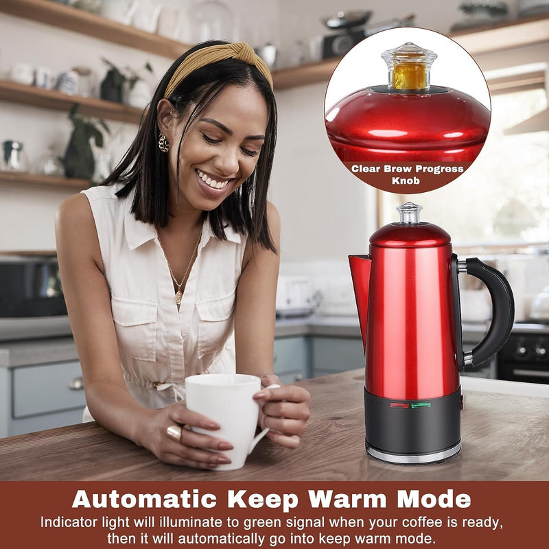 WerkWeit Electric Coffee Percolator 12 Cup Stainless Steel Percolator Coffee Maker with Cord-Less Server and Easy Pour Spout Quick Brew Percolator Coffee Pot 1.5L Capacity