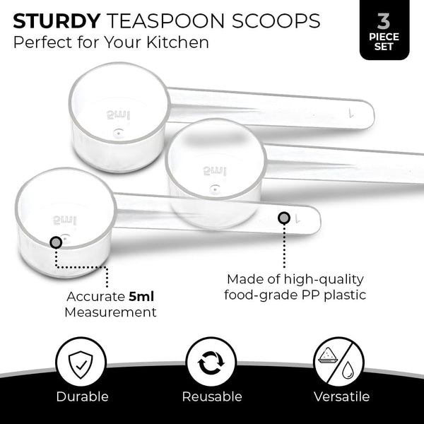 3 Measuring Spoons Set with Short Handle - 1 Teaspoon (5 ML) Clear Plastic Scoops for Creatine, Coffee, Grains, Spices, Powders, and Other Dry Goods, BPA Free, Kitchen Tools Measure, Fits in Jars