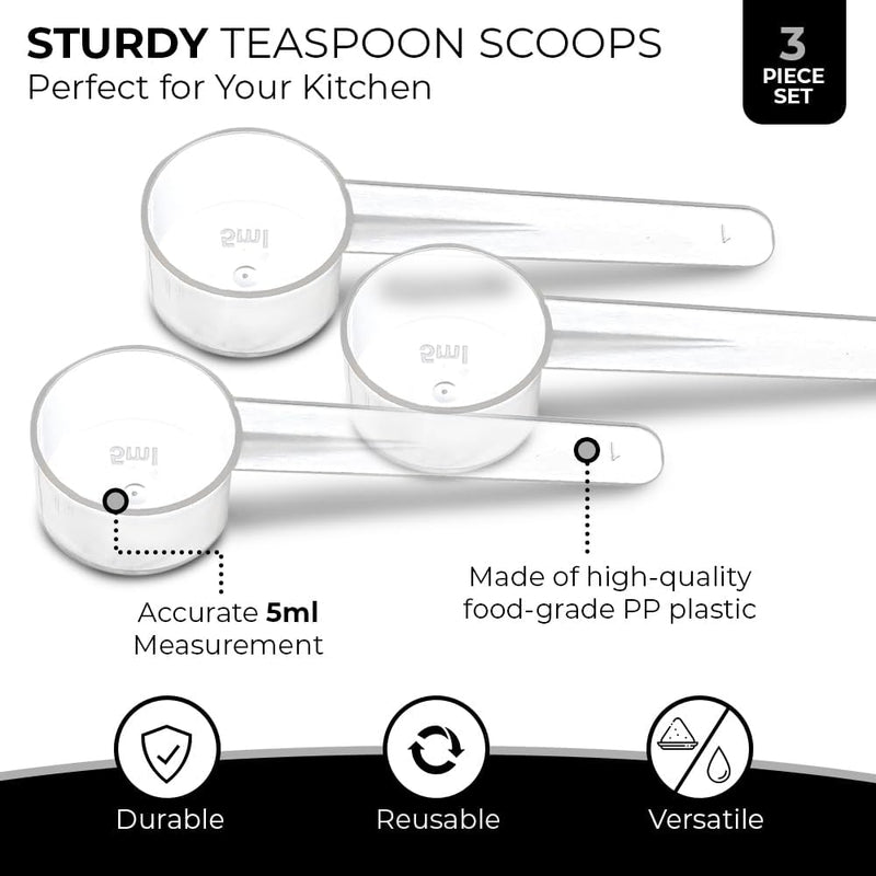 3 Measuring Spoons Set with Short Handle - 1 Teaspoon (5 ML) Clear Plastic Scoops for Creatine, Coffee, Grains, Spices, Powders, and Other Dry Goods, BPA Free, Kitchen Tools Measure, Fits in Jars