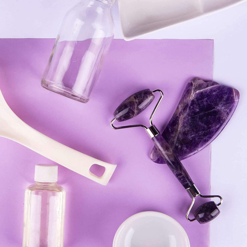 Authentic Amethyst Roller and Gua Sha Set - Jade Roller for Face - Face Roller: 100% Natural Amethyst - Face Massager, Facial Roller for Skin, Eyes, Neck - Authentic, Durable, Natural, No Squeaks