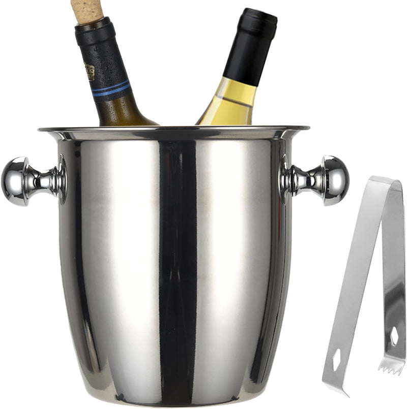 Ice Buckets - Champagne Bucket with Tongs Keeps Ice Frozen Longer,Stainless Steel Wine Chiller Thick Walled Wine Cooler for Parties Beer Red Wine Liquor Bar Ktv (5L, Silver)