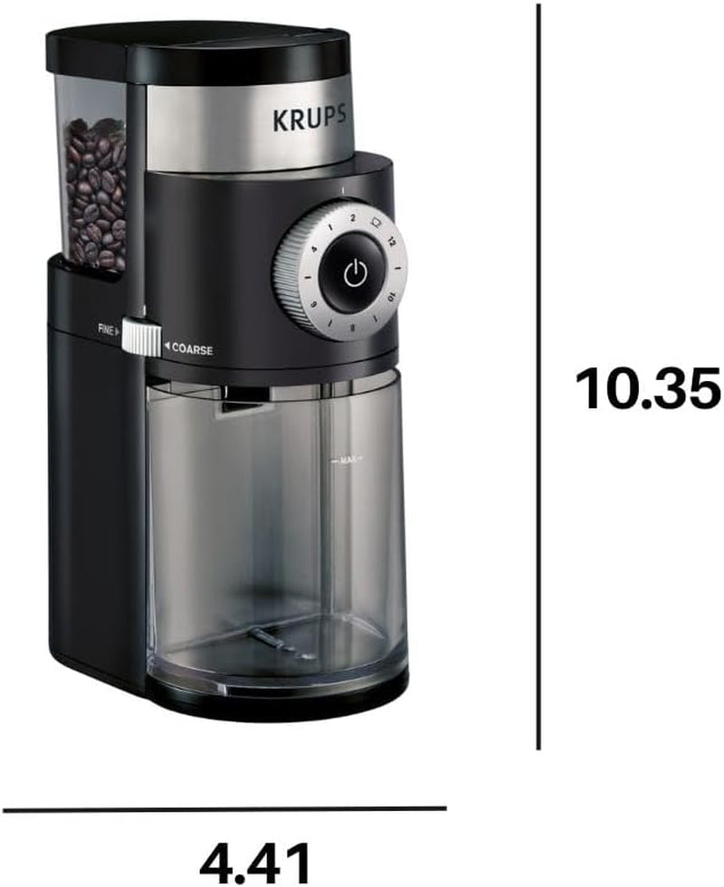Krups Precise Stainless Steel Flat Burr Grinder 8oz, 32cups bean hopper 12 Grind from Fine to Coarse 110 Watts Removable Container, Drip, Press, Espresso, Cold Brew, 2,12 cups ground coffee Black