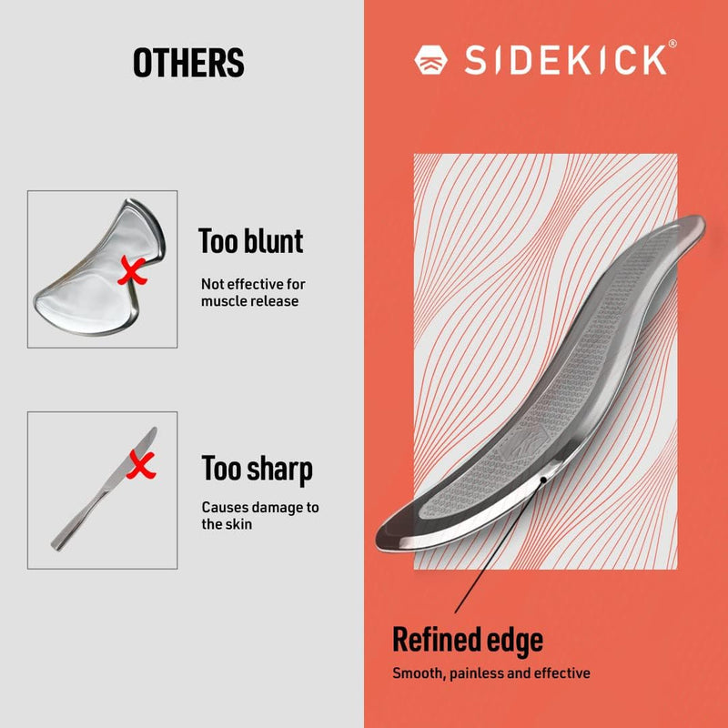 SIDEKICK Echo Muscle Scraper - Steel Gua Sha Tool - w/Patented X-Grip – Stainless Steel - Full Kit Included – Designed for IASTM to Relieve Neck, Shoulder, Back and Muscle Pain -