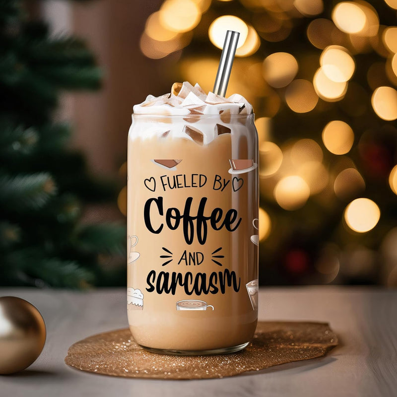 GSPY Iced Coffee Cup, Coffee Lover Gifts for Women, Sarcastic Gifts, Funny Coffee Tumbler, 16oz Aesthetic Glass Coffee Mugs with Lids and Straws, Christmas Gifts for Coffee Lovers, Her, Friend
