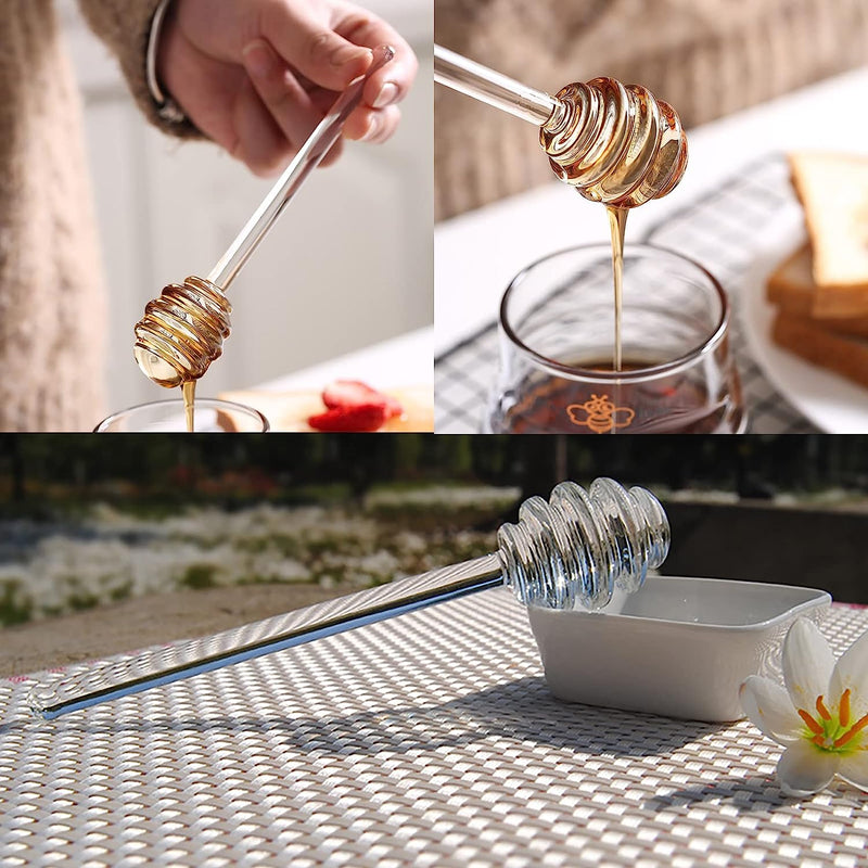 2 Pcs Honey Dipper Sticks - Wooden and Glass Honey Dipper, 6 inch Honeycomb Stick, Honey Stirrer Stick for Honey Jar Dispense Drizzle Honey, Wedding Party Favors