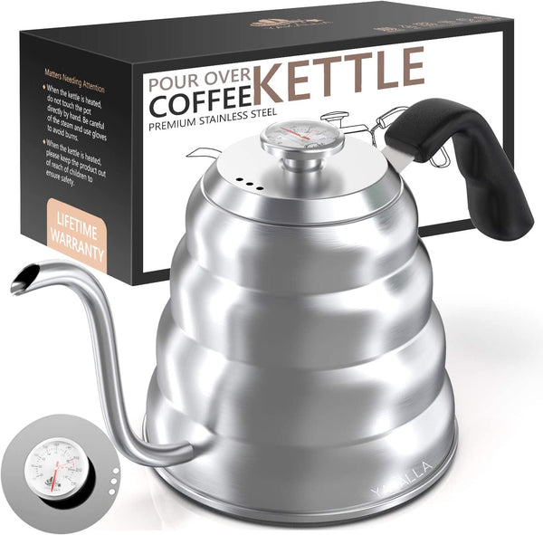 Gooseneck Kettle with Thermometer - Stainless Steel Goose Neck Pour Over Tea Kettle with Triple Layered Base Anti-Rust - Precision-Flow Spout for Coffee and Tea- for All Stovetops 40 oz/1.2L