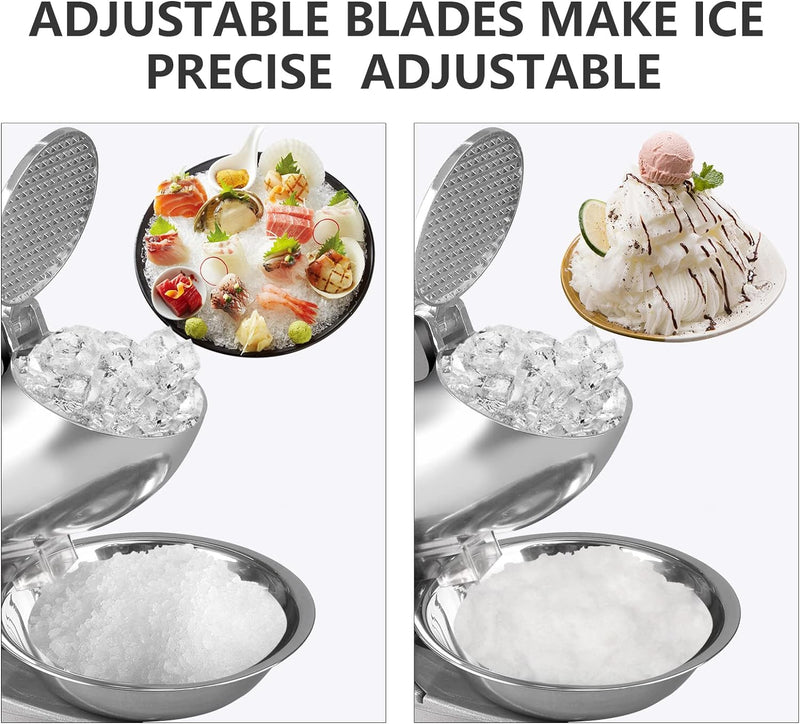 BI-DTOOL Electric Ice Crusher Triple Blades Ice Crusher Shaver 286lbs/hr Stainless Steel Shaved Ice Machine 380W Snow Cone Machine 1500 RPM Ice Shaving Machine Commercial And Domestic Silver