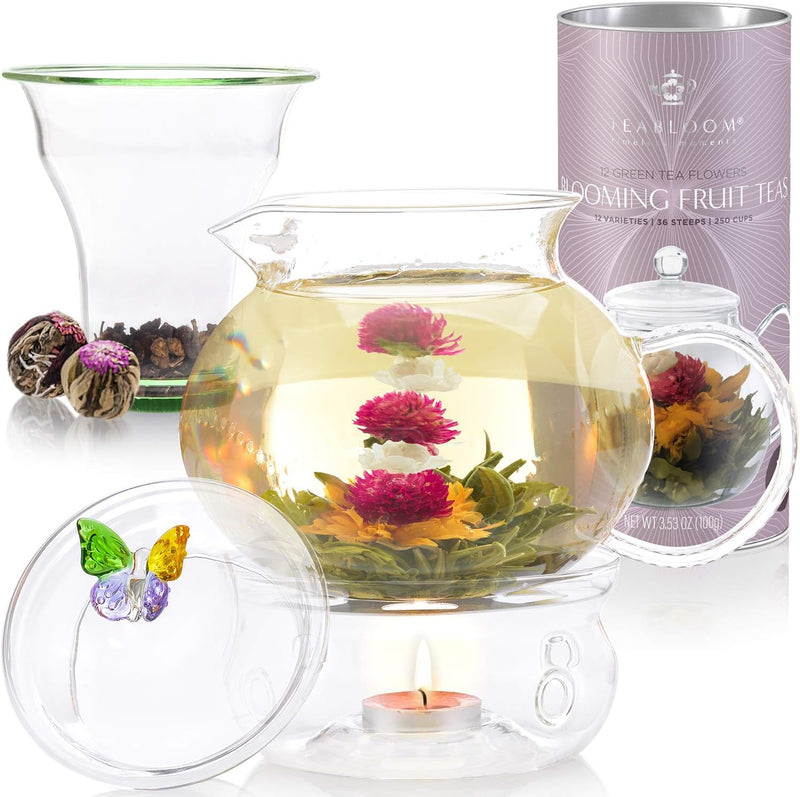 Teabloom Wings of Love Blooming Tea Gift Set - 40 oz Borosilicate Glass Teapot, Teapot Warmer, Glass Loose Tea Infuser, 12 Fruit Flowering Tea Canister