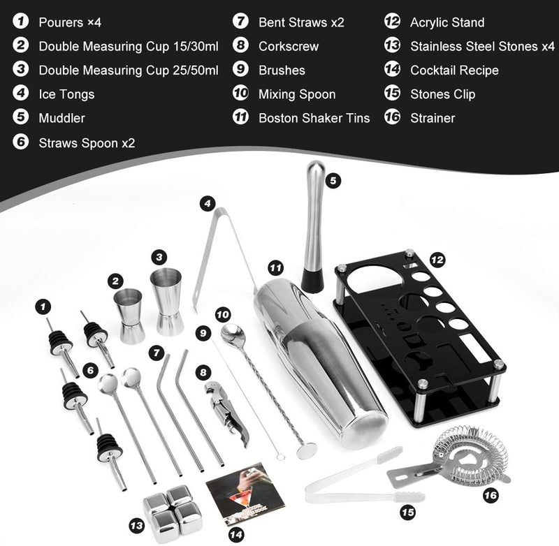 Cocktail Shaker Set, 23-Piece Boston Stainless Steel Bartender Kit with Acrylic Stand & Cocktail Recipes Booklet, Professional Bar Tools for Drink Mixing, Home, Bar, Party (Include 4 Whiskey Stones)