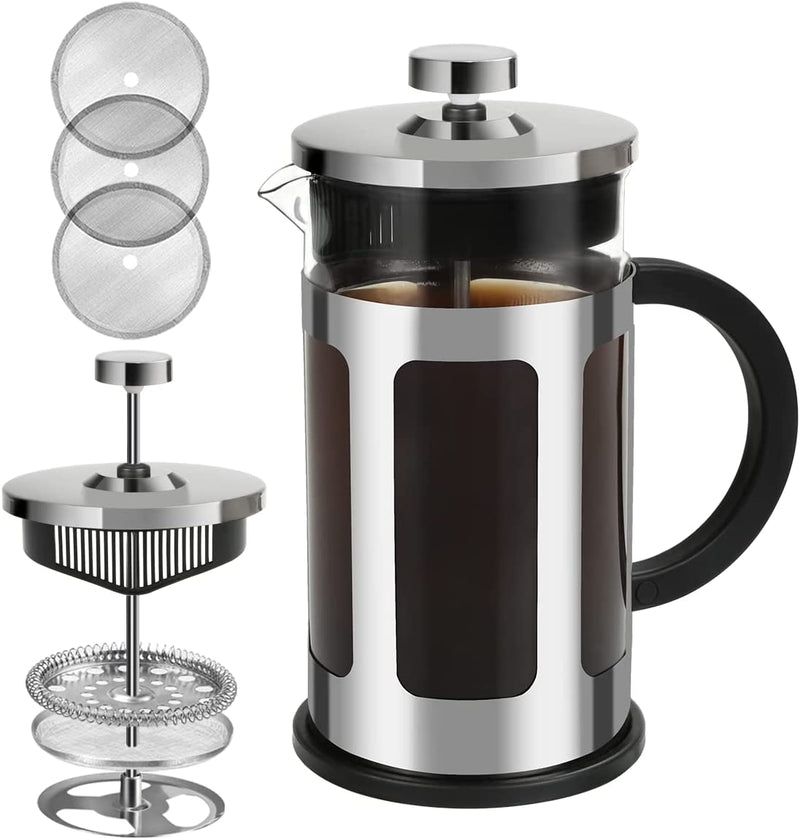 FAVIA French Press Coffee Maker 12 Ounce Stainless Steel with Borosilicate Glass Heat Resistant 4 Level Filtration System for Brew Coffee & Tea Dishwasher Safe 350ml (12oz, Stainless Black)