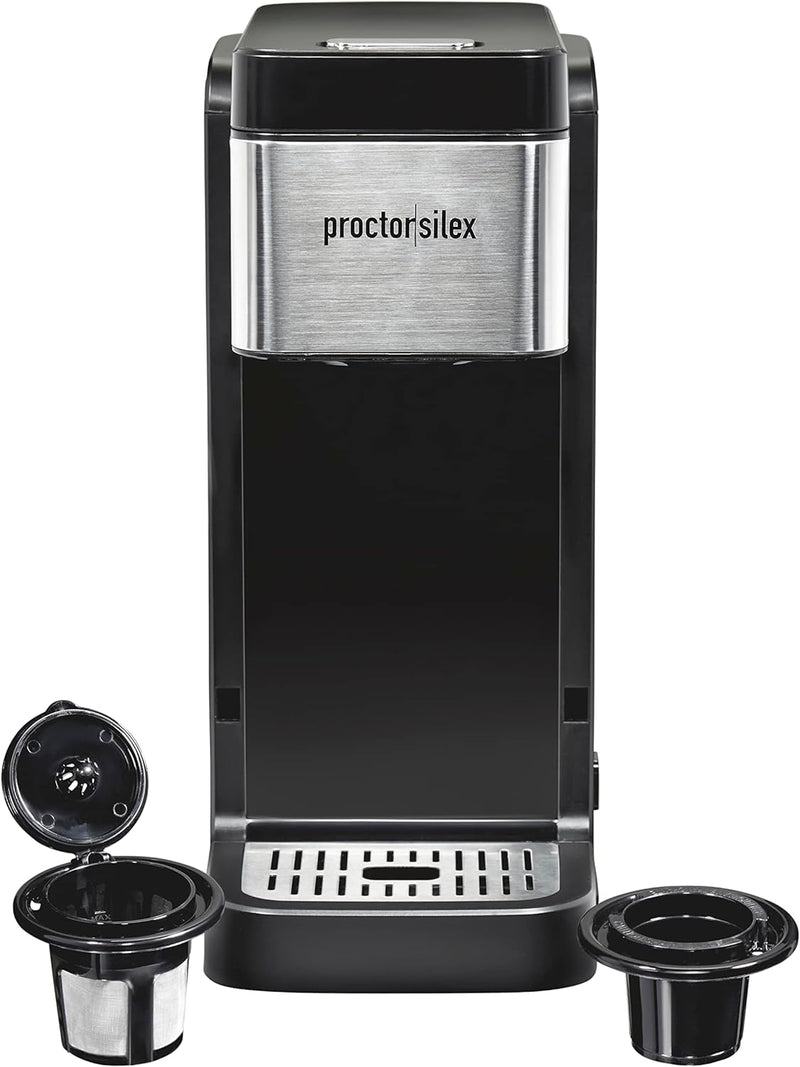 Proctor Silex Single-Serve Coffee Maker Compatible with Pod Packs and Grounds, 40 oz. Reservoir Makes Four 10 oz. Cups Without Refilling, Black & Stainless Steel (49919)