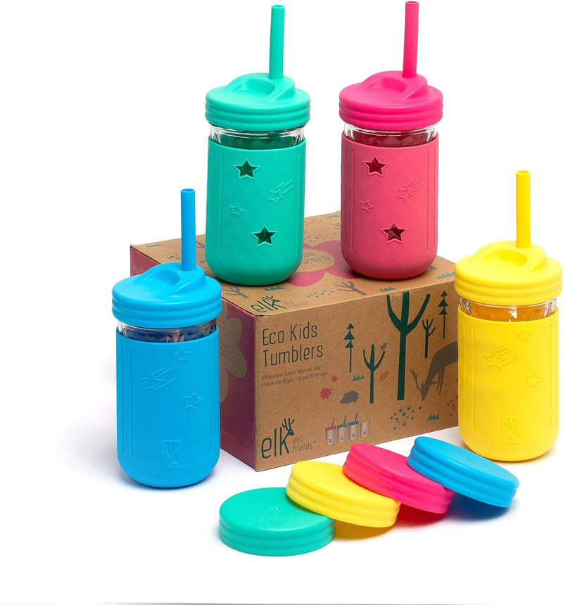 Elk and Friends Smoothie Cups For Kids & Toddler | The Original Glass Mason Jars 12 oz with Silicone Sleeves & Straws |Spill Proof|