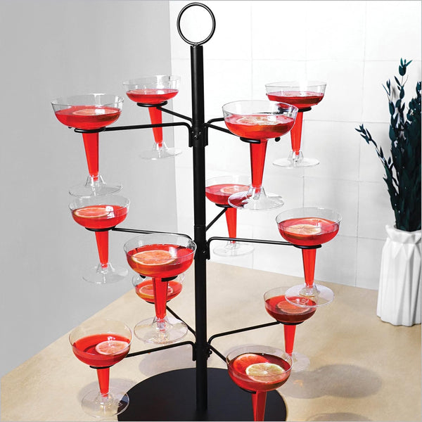 Cocktail Tree Stand, Wine Glass Flight Tasting Display For Drinks, 3 Tier - 12 Holders For Champagne, Cocktails, Martini, Margarita Cups at Weddings, Bridal Shower, Mimosa Bar Parties & Events (Black)