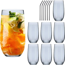 Ufrount Highball Glasses Set,Tall Drinking Cups Set of 8,Clear Water Glass Tumblers with Straws,16 OZ Glassware for Kitchen,Bar,Mojito,Cocktail,Juice,Mixed Drink,Water,Beer