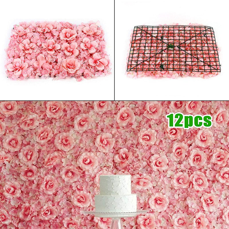 12 Pack Artificial Flower Wall Panels - Hydrangea and Rose Backdrop for Wedding and Events - Pink 12 PCS