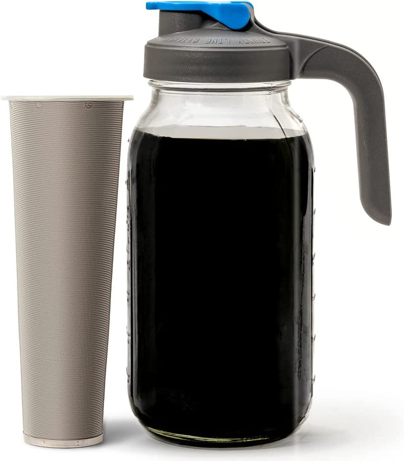 County Line Kitchen Cold Brew Coffee Maker, Mason Jar Pitcher - Heavy Duty Soda Lime Glass w/Stainless Steel Mesh Filter & Flip Cap Lid - Iced Tea & Coffee - 64 oz (2 Quart / 1.9 Liter), Gray Handle